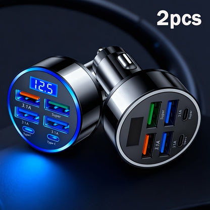 6-in-1 Car Charger 2-Pack with Ambient Light & Voltage Display, Dual PD Fast Charge + QC3.0 + 4 USB Ports Matte Finish