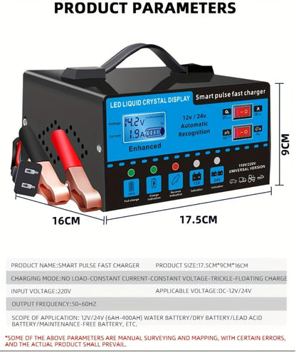 Intelligent Battery Charger & Inverter 12V & 24V – LCD Display, Trickle Maintenance, Overcharge & Short Circuit Protection for Cars Yachts