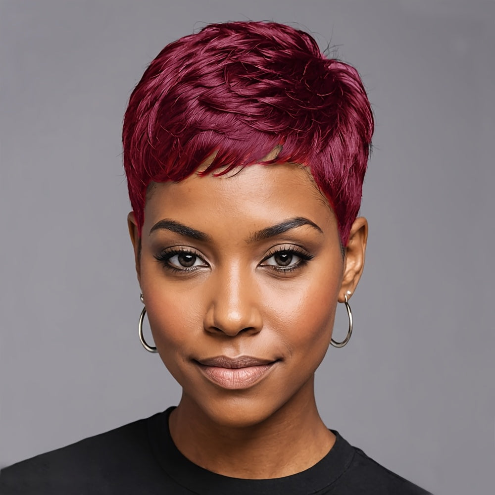 Short Pixie Cut Wig Body Wave Colored Synthetic 4 Inch 120% Density Rose Net Cap Heat Resistant Brown Red Burgundy Black for Women Halloween