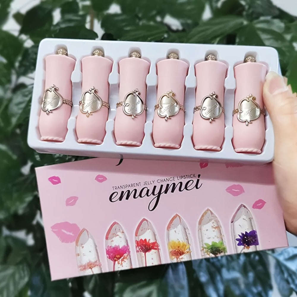 Lipstick Set, emaymei 6-Piece Transparent Flower-Core Jelly Collection in Ornate Pink Cases