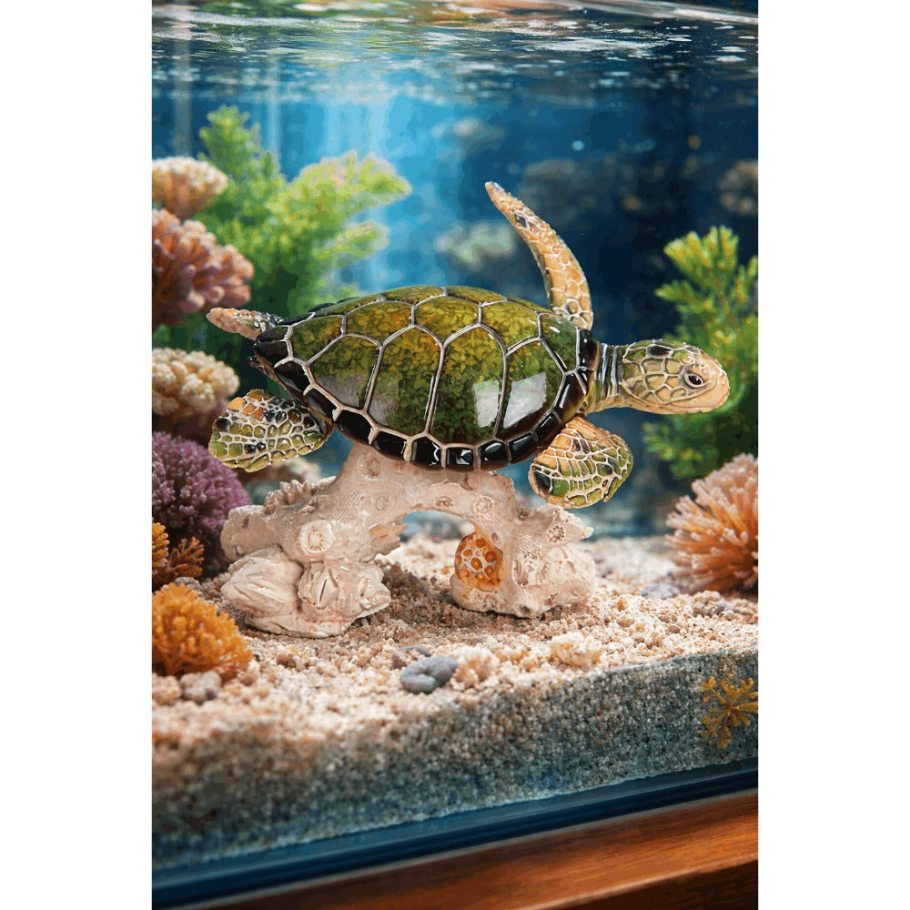 Sea Turtle Figurine with Upward-Swimming Polyresin Form, Coral-Style Base and 4.75 x 3.5 x 3.5-Inch Size
