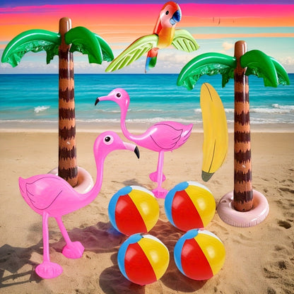 Hawaiian Luau Inflatable Party Decorations 10-Piece Set – 2 Palm Trees, 2 Flamingos, 4 Beach Balls, Parrot & Banana