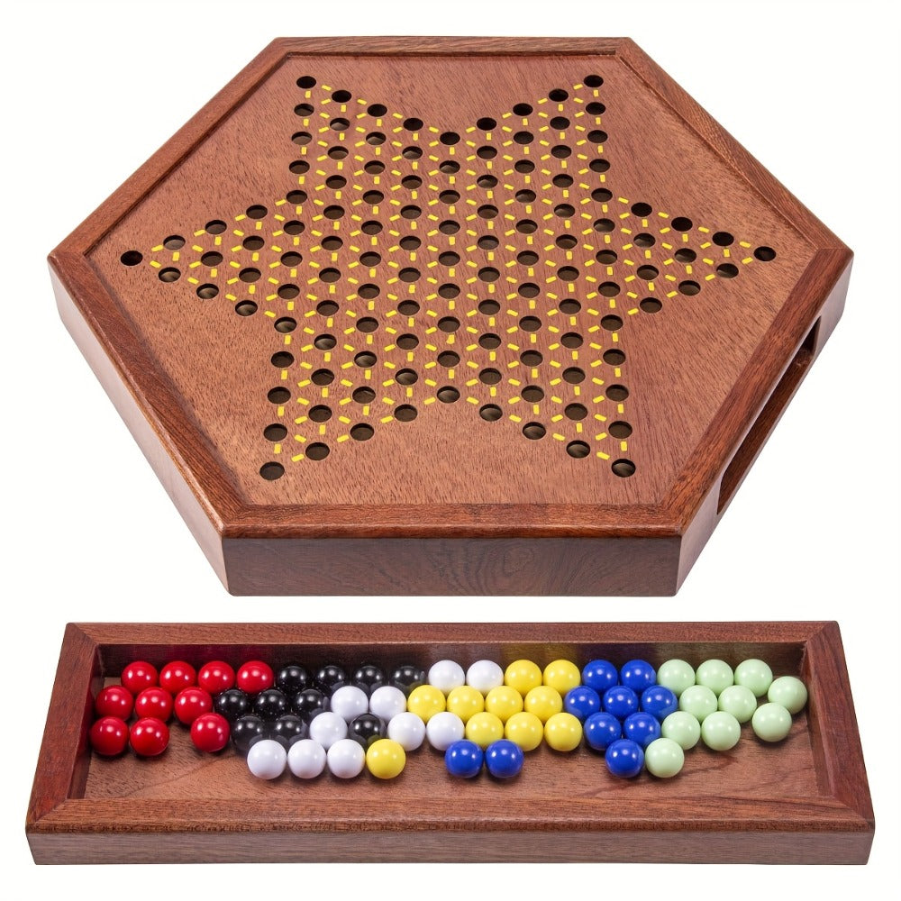 Deluxe Wooden Chinese Checkers Game Set 12.5 Inch Hexagonal Board with Storage Drawer 60 Acrylic Marbles