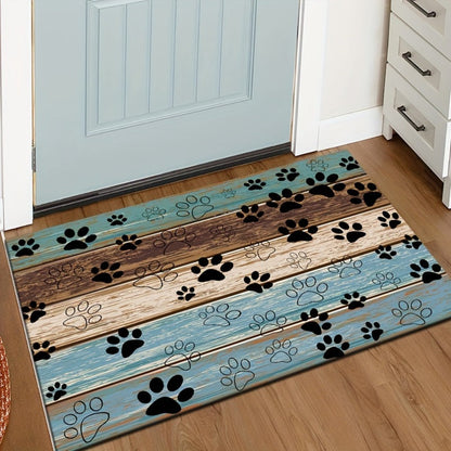 Cat Paw Print Door Mat with Blue and Brown Wood-Look Bands in Three Rectangular Entryway Sizes