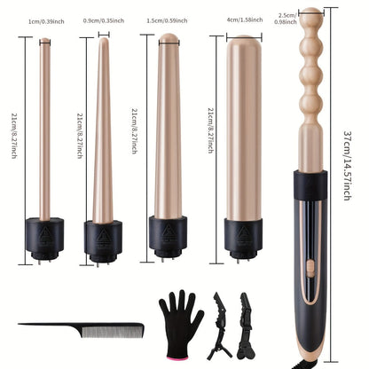 5-in-1 Curling Wand Set Ceramic Interchangeable Barrels 0.4-1.25 Inch – 30s Fast Heat, for Home, Travel and Salon Hair Styling
