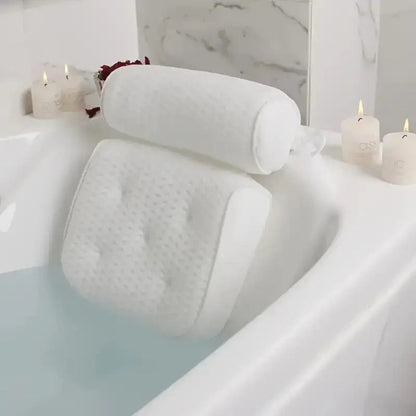 Two-Piece Bathtub Neck and Back Cushion with Six Suction Cups, Hanging Hook and White Mesh Cover