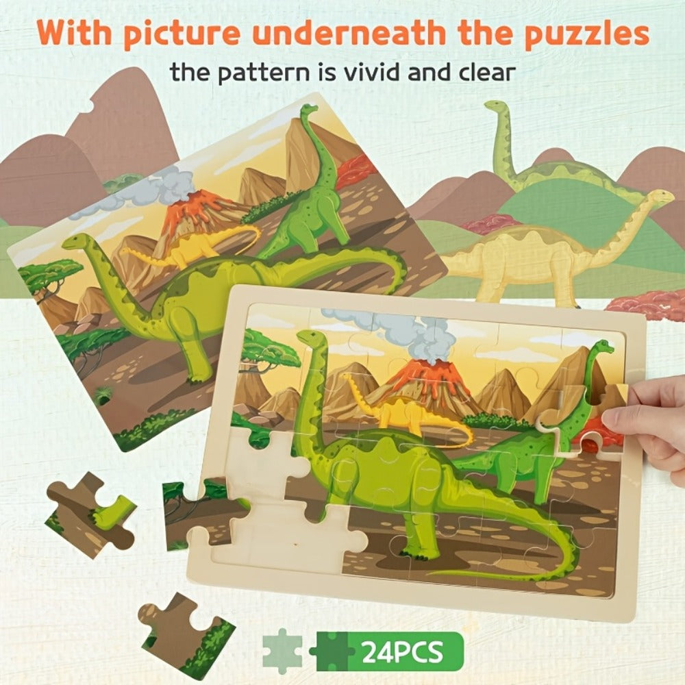Dinosaur Puzzle Set for Kids Ages 3-8 Wooden 4-in-1 Jigsaw with 24 Pieces Each, Colorful Preschool Educational Toy for Boys & Girls