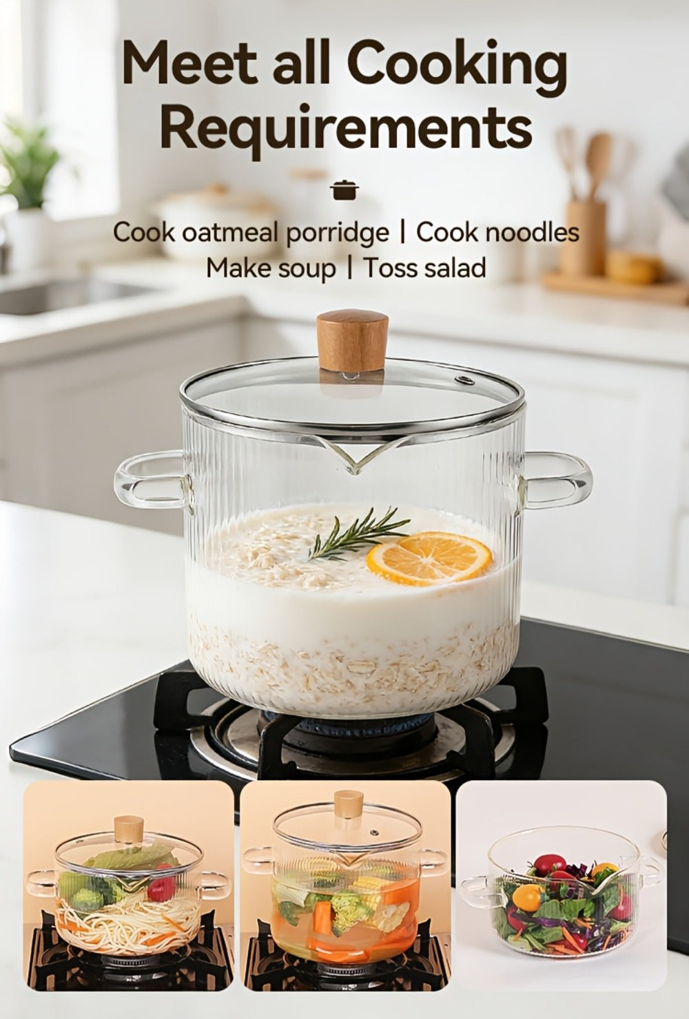 Glass Saucepan Set 2-Pack Stovetop Safe Borosilicate Ribbed Pots with Lids – 78oz & 54oz Heat Resistant Cookware for Soup, Ramen