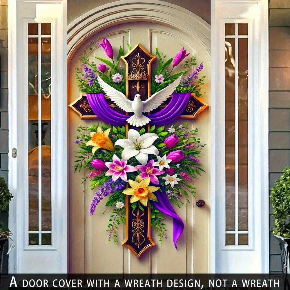 Easter Door Curtain Decoration 35.4x70.8 Inch, Colorful Spring Door Hanging with Dove Floral Cross Pattern
