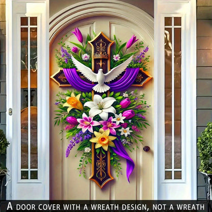 Easter Door Curtain Decoration 35.4x70.8 Inch, Colorful Spring Door Hanging with Dove Floral Cross Pattern