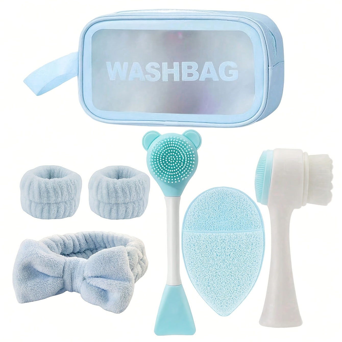 Face Cleansing Brush Set 7pcs Spa Skincare Kit – Mask Brush Scrub Brush Detailing Brush Velvet Headband & Wash Bag