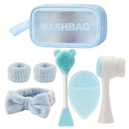 Face Cleansing Brush Set 7pcs Spa Skincare Kit – Mask Brush Scrub Brush Detailing Brush Velvet Headband & Wash Bag