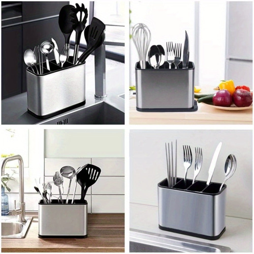 Utensil Holder Stainless Steel Cutlery Organizer 4-Compartment Countertop Caddy Anti-Slip for Home Cooking, Dining and Outdoor Meals