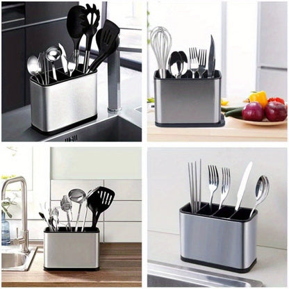 Utensil Holder Stainless Steel Cutlery Organizer 4-Compartment Countertop Caddy Anti-Slip for Home Cooking, Dining and Outdoor Meals