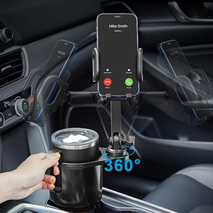 2-in-1 Car Phone Holder & Cup Holder Extender – Swivel Rotating Mount with Shock-Absorbing Trim, Universal for Cars, SUVs & Trucks, Black