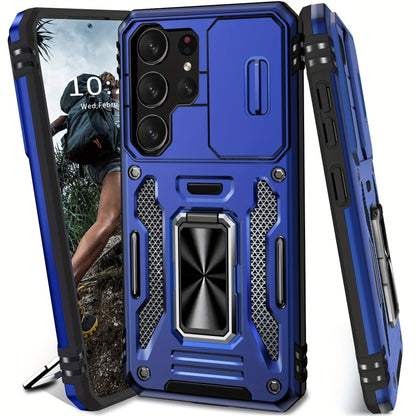Samsung Galaxy Shockproof Magnetic Phone Case with 360° Rotating Ring Bracket & Sliding Lens Protector – Heavy Duty Cover for S24FE S23FE