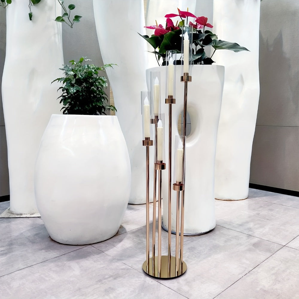 Floor Candelabra 6-Arm 46 Inch Gold Metal Candlestick Set with 12pcs LED Candles & Acrylic Shades