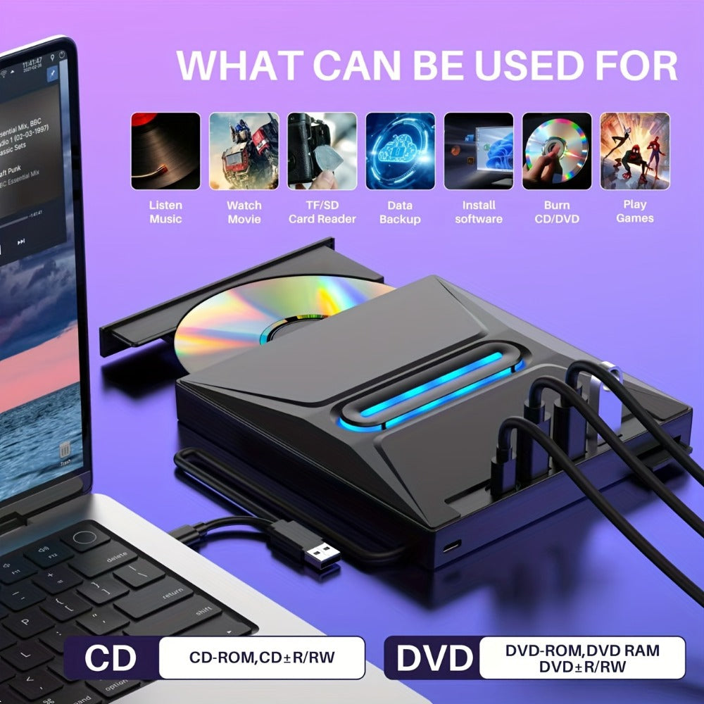 8-in-1 Luminous External CD DVD Drive USB 3.0 & Type-C - Portable CD/DVD±RW Burner Player Hub with 3 USB Ports