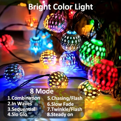 Moroccan Solar String Lights Outdoor – Metal Sphere Fairy Lights with 20/30/50 LED Beads, 8 Modes