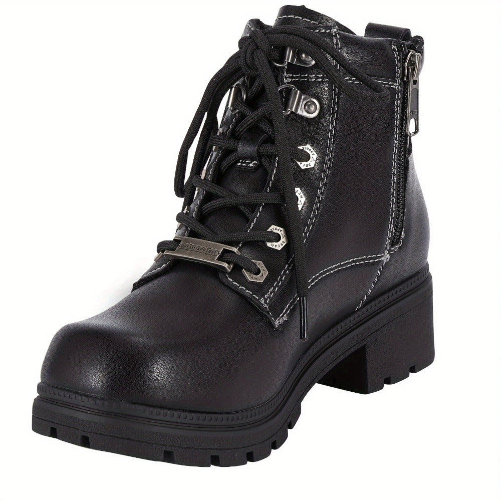 Women's Motorcycle Riding Boots, Low Heel Lace-Up Ankle Booties with Side Zipper, Non-Slip Rubber Sole Biker Combat Boots in Black Faux