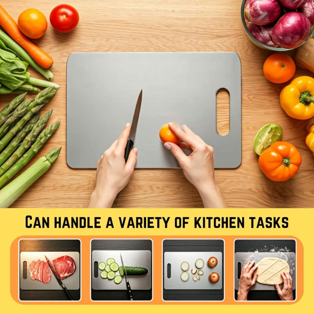 Three-Piece Stainless-Steel-Labeled Cutting Board Set with Rounded Corners, Handles and Graduated Sizes