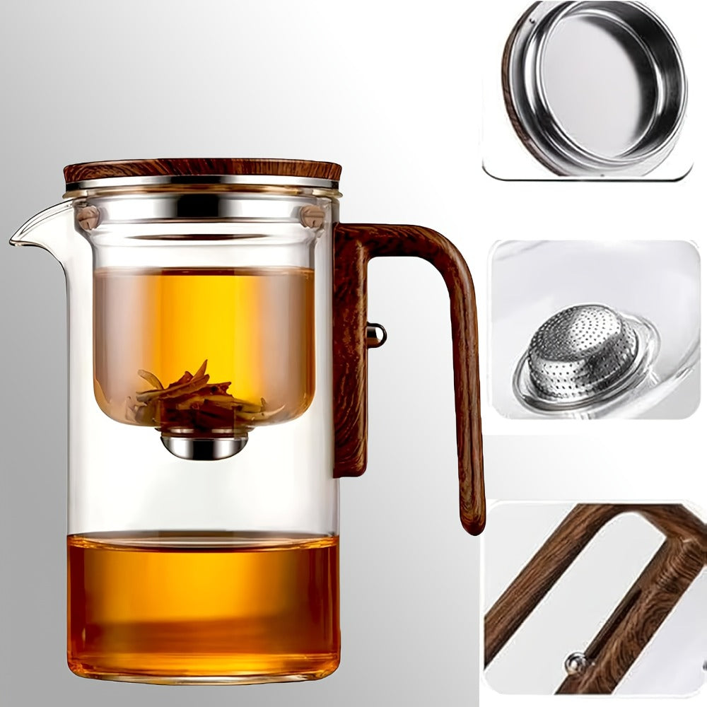Glass Teapot with Infuser & Wooden Handle – Borosilicate Tea Kettle, One-Button Tea-Water Separation, Drip-Free Spout