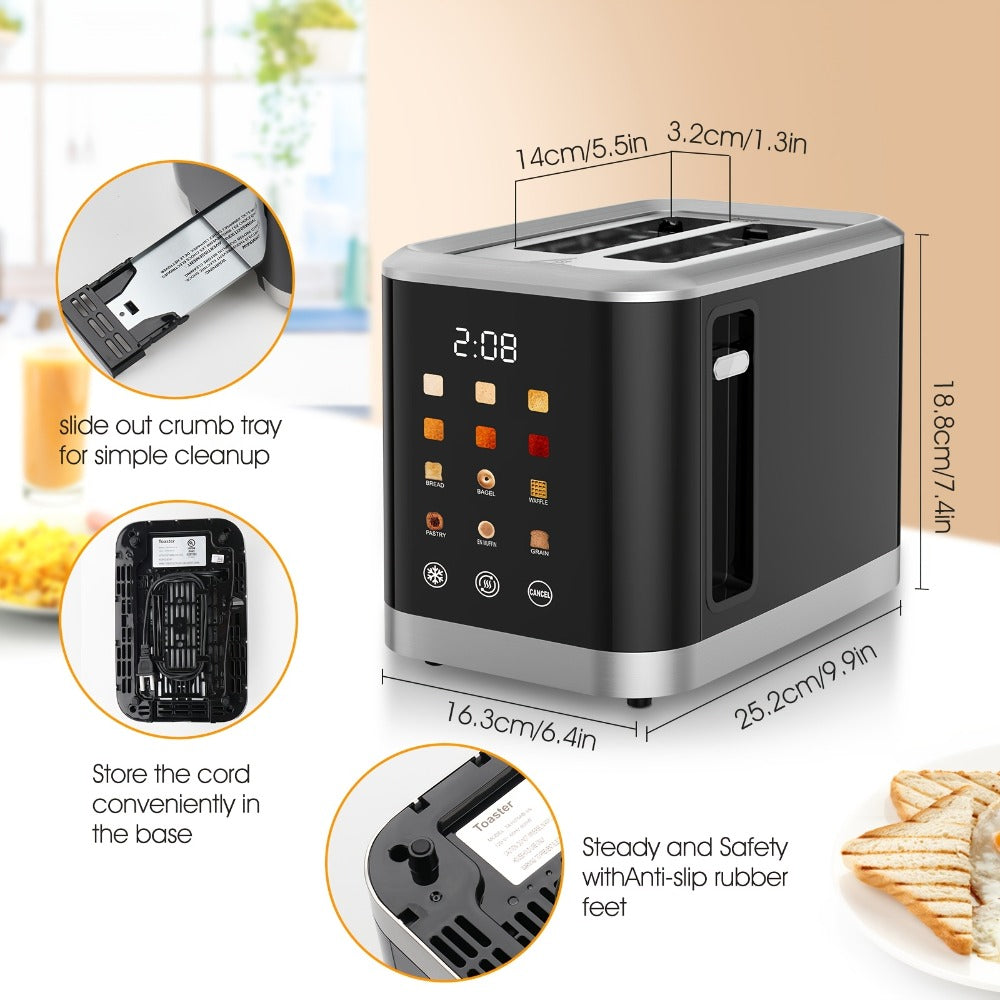 2 Slice Toaster with Touch Screen, 1.5" Wide Slot for Bread, Bagels & English Muffins, 6 Bread Types