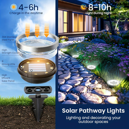 Solar Ground Lights Outdoor LED Path Lights - Stainless Steel In-Ground Solar Lights for Lawn Driveway Courtyard Garden Pathway
