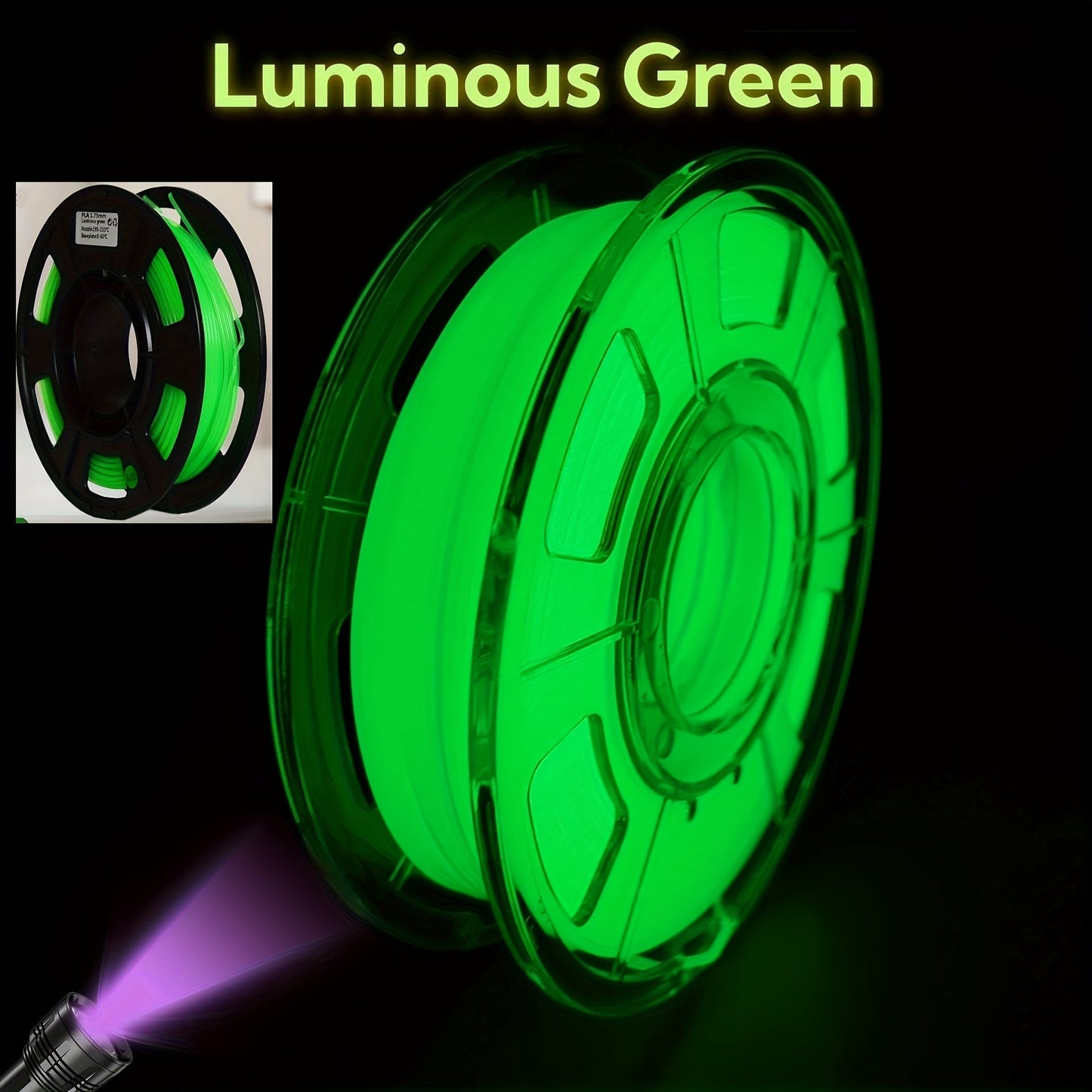 3D Printer Filament Glow PLA 1.75mm 200g Spool in Luminous Green or Blue for Light-Reactive Color Effects