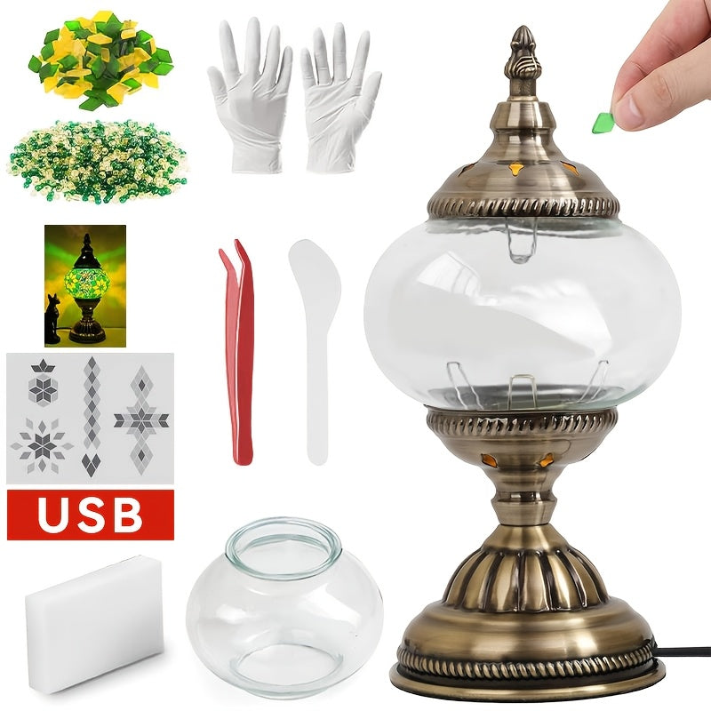 DIY Mosaic Lamp Kit Handmade Glass Table Lamp, Colorful Stained Glass Bedside Night Light with Antique Bronze Base
