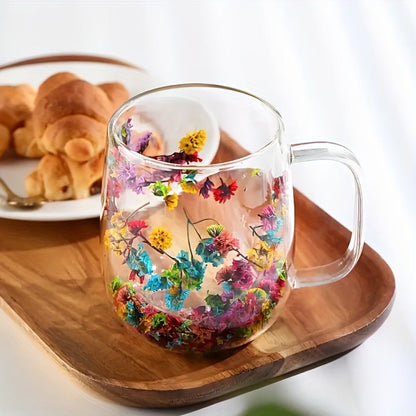 Double Wall Glass Coffee Cups with Handle Set of 4 – Borosilicate Thermal Mugs for Latte Cappuccino Tea | Dried Flower & Petal Design