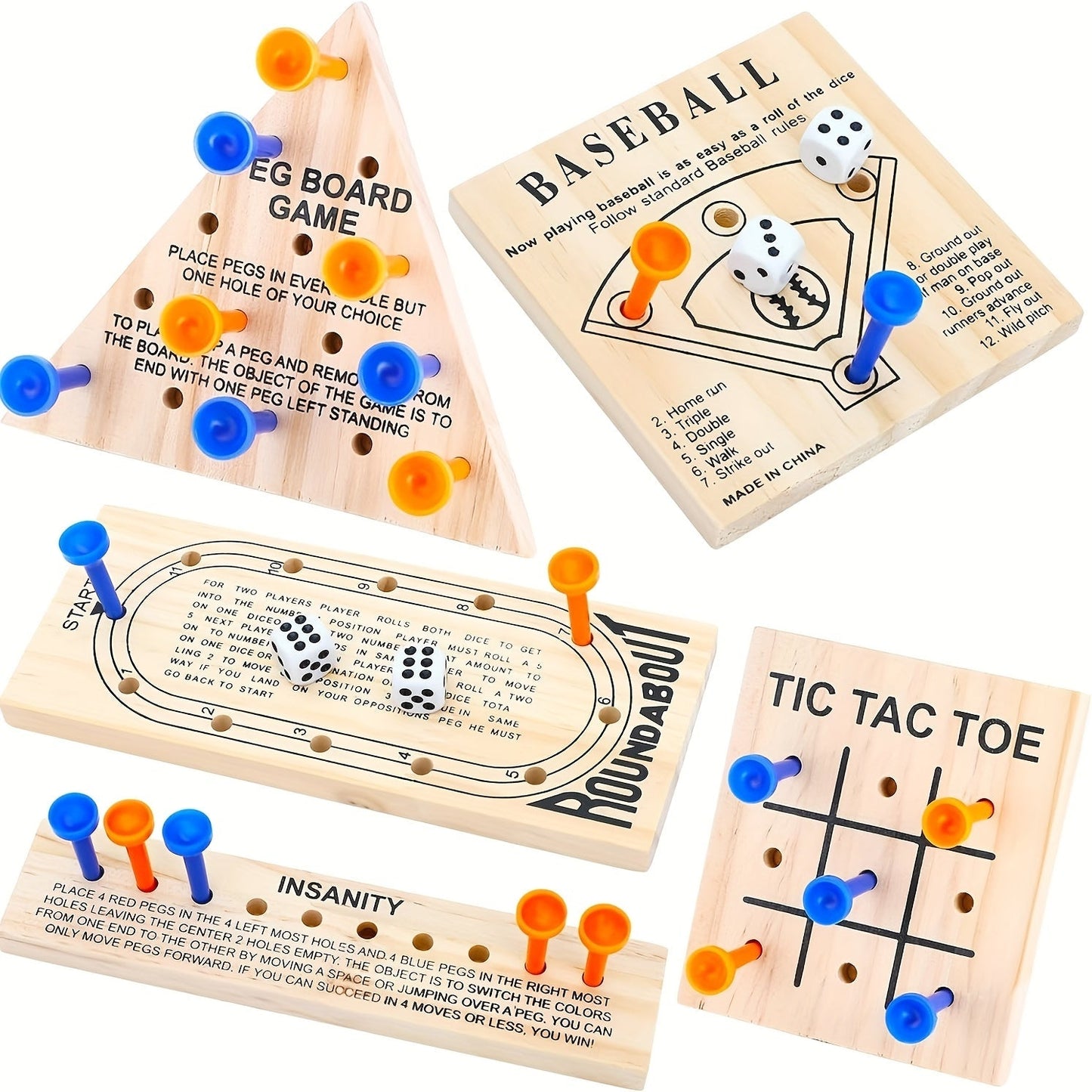 Wooden Board Game Set 5-in-1 – Luban Lock Puzzle Brain Games with Peg Board, Dice & Plastic Pieces, Classic Family Strategy Games Kit