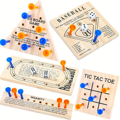 Wooden Board Game Set 5-in-1 – Luban Lock Puzzle Brain Games with Peg Board, Dice & Plastic Pieces, Classic Family Strategy Games Kit