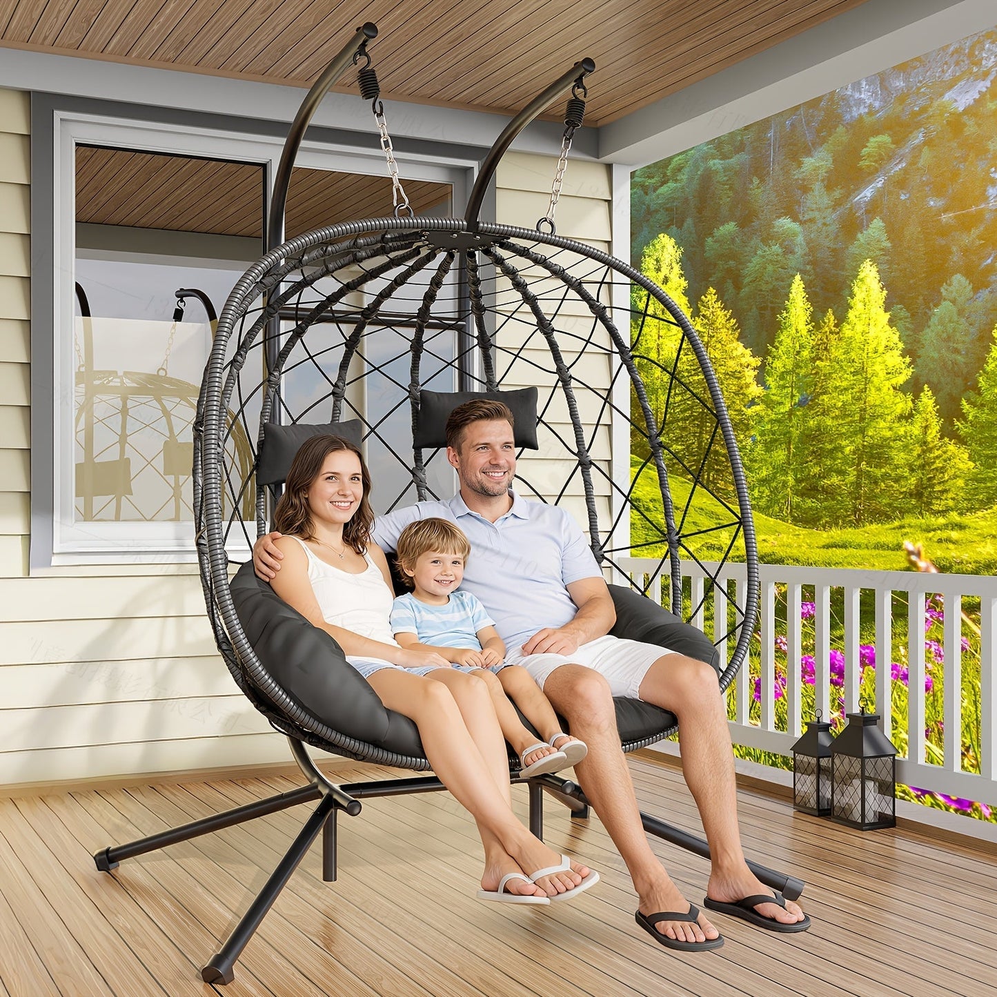 Outdoor Egg Chair with Stand Rattan Wicker Hanging Swing Hammock Chair Thickened Aluminum Frame UV-Resistant Cushion 350LBS Capacity Patio