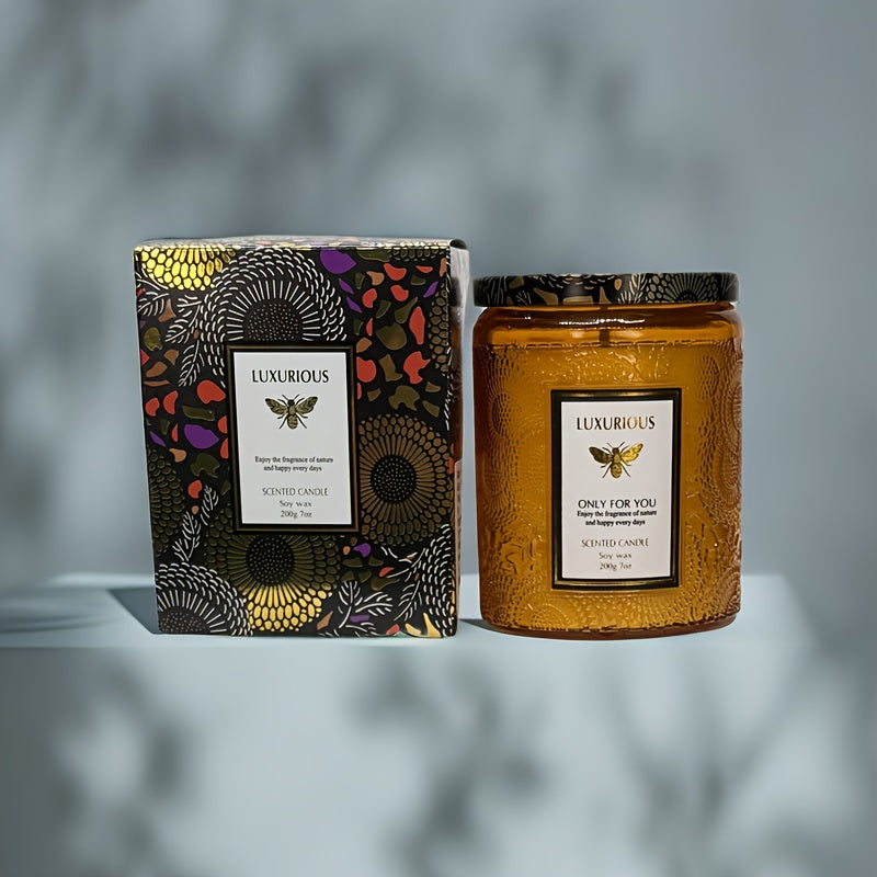 Single-Wick Relief Glass Jar Candle with Seven Scent Labels, Crystal-Style Detail and Boxed Presentation