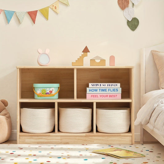 Rubber Wood 5-Compartment Bookshelf 35.4", 2-Tier Wooden Storage Cabinet for Classroom, Playroom & Preschool