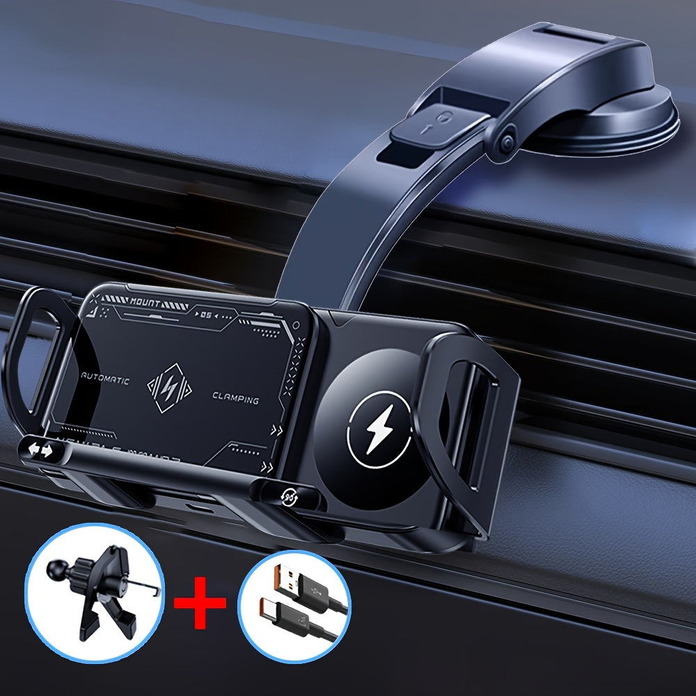 Dual-Coil Wireless Charging Car Mount with 15W Label, Fold-Screen Support and Three Configurations