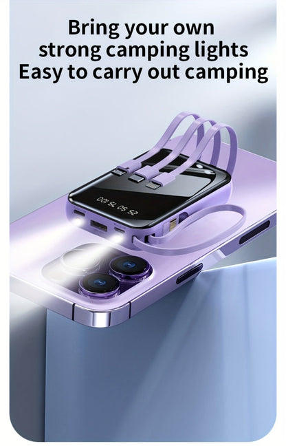 Power Bank 50000mAh 22.5W with Four Built-In Cables, Digital Display and LED Flashlight in Black or Purple