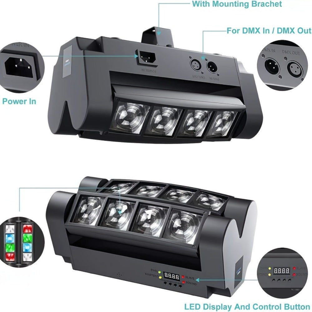 Spider Beam Moving Head Stage Light 8x3W RGBW LED DJ Disco Light Sound Activated DMX-512 for Entryways, Bedrooms and Living Spaces