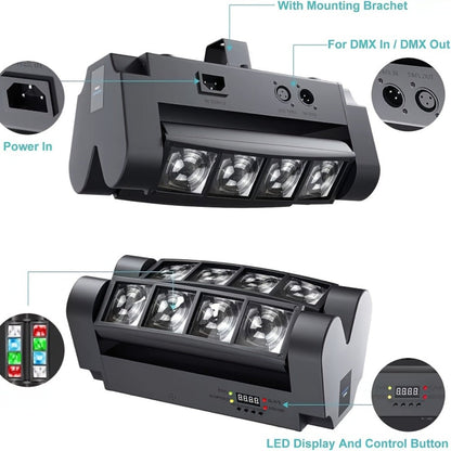 Spider Beam Moving Head Stage Light 8x3W RGBW LED DJ Disco Light Sound Activated DMX-512 for Entryways, Bedrooms and Living Spaces