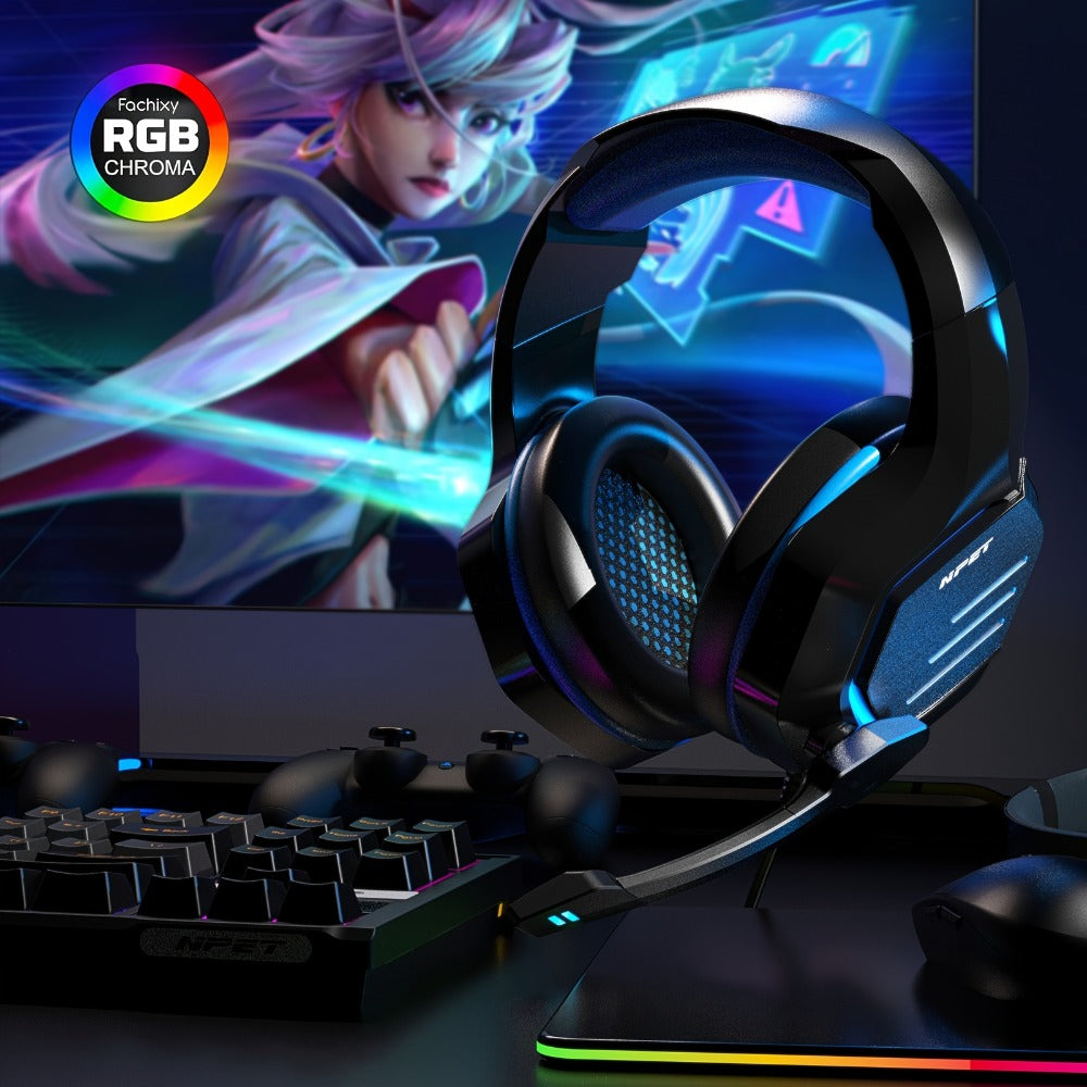 NPET Gaming Headset PS4 PS5 Xbox One PC Noise Cancelling Mic Stereo Over-Ear for Bedside Audio, Alarms and Room Entertainment