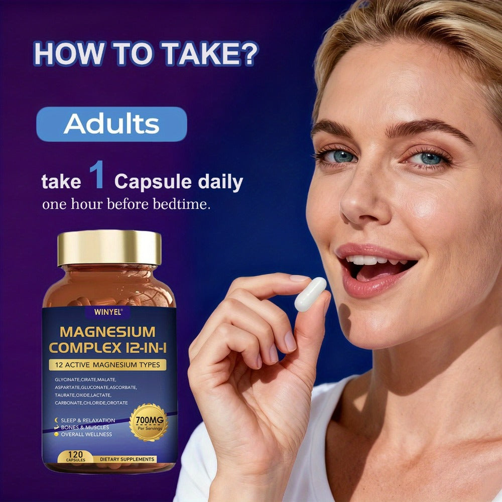 Magnesium Complex 700mg 12-in-1 120 Capsules with Glycinate, Citrate, Malate & Taurine for Sleep