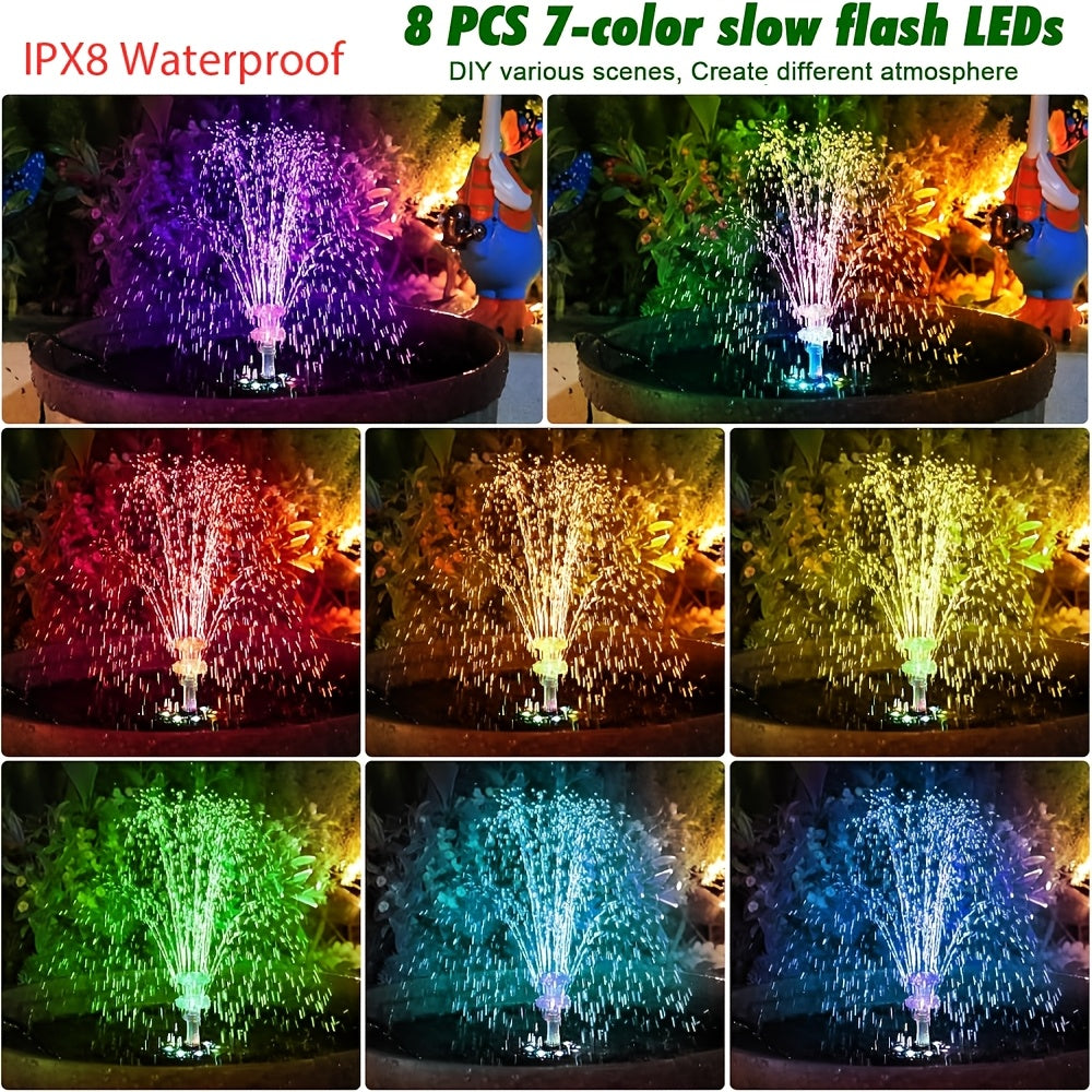 LED Solar Fountain Pump with 10W Separate-Panel and Round Disc Options, Eight Lights and Spray Fittings