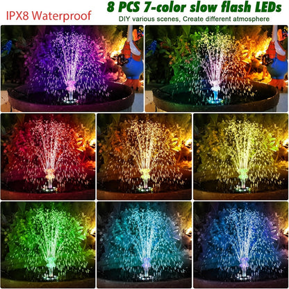 LED Solar Fountain Pump with 10W Separate-Panel and Round Disc Options, Eight Lights and Spray Fittings