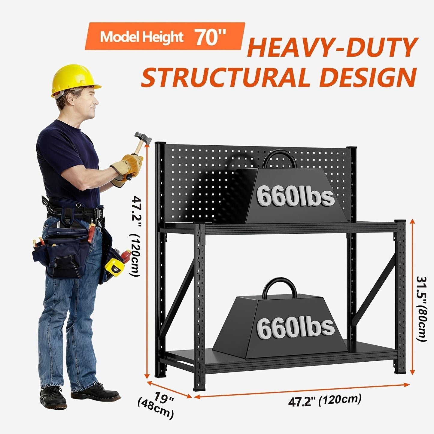 Four-Tier Metal Garage Storage Shelf with Wide Workbench Top and Lower Tool Organizer Space