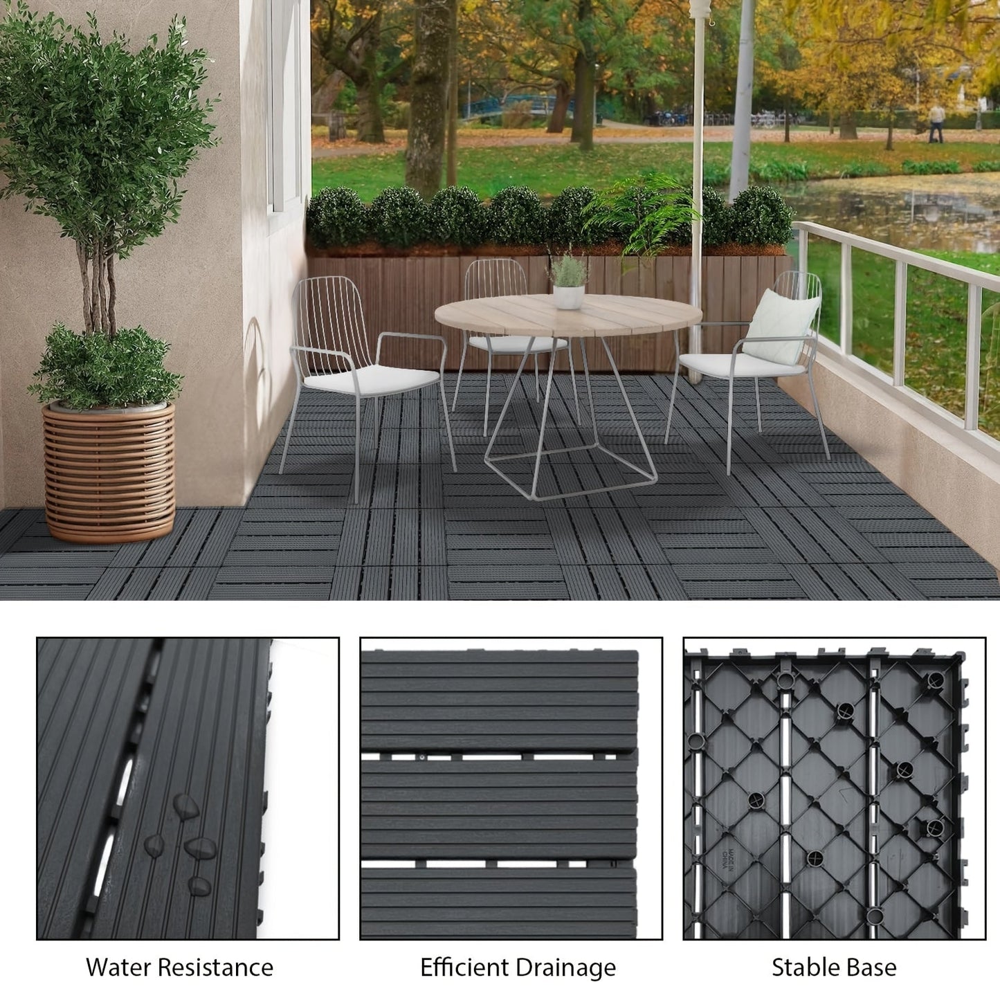 Gray 44-Piece Interlocking Deck Tile Set with 12-Inch Square Parallel-Slat Drainage Pattern