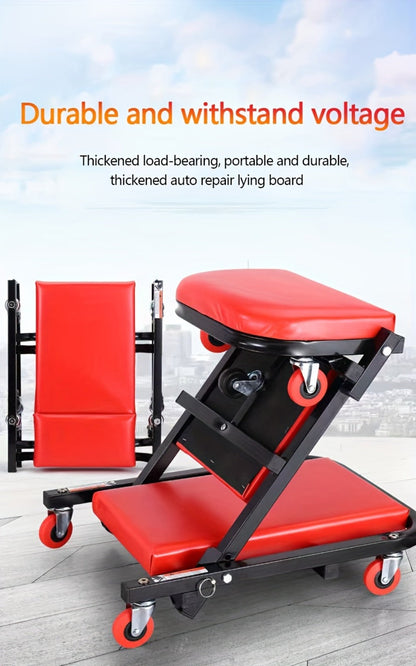 Mechanic Creeper Seat & Rolling Work Stool – Foldable 2-in-1 Auto Repair Crawler, 300 lb Capacity, Adjustable Height, 6 Swivel Wheels