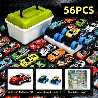 56 Pcs Mini Die-Cast Metal Car Set with 2 Stunt Cars, Play Mat & Storage Box - Friction Pull Back Toy Cars for Kids Boys Girls Ages 3+