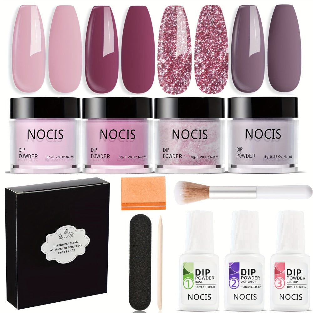 Dip Powder Nail Kit with NOCIS Label, Four Nude Pink Glitter Powders, Three 10ml Liquids and Four Tools