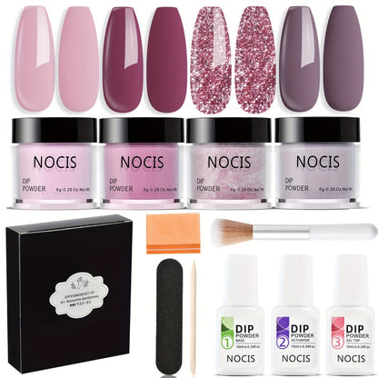 Dip Powder Nail Kit with NOCIS Label, Four Nude Pink Glitter Powders, Three 10ml Liquids and Four Tools